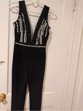 Black Deep V-Neck Embellished Jumpsuit